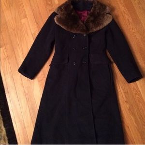Vintage Navy Wool Blend Coat with Fur Lining